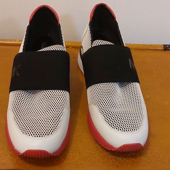MK Michael Kors Sneakers slip on shoes white black & pink with heel - Picture 2 of 7